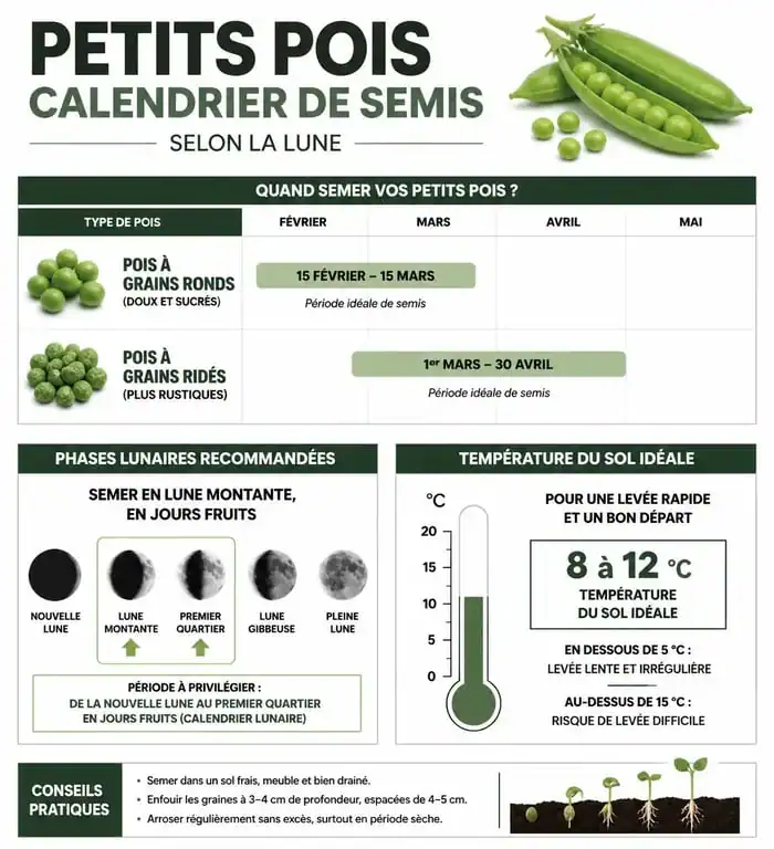 Calendrier de semis des petits pois avec la lune : périodes et phases lunaires