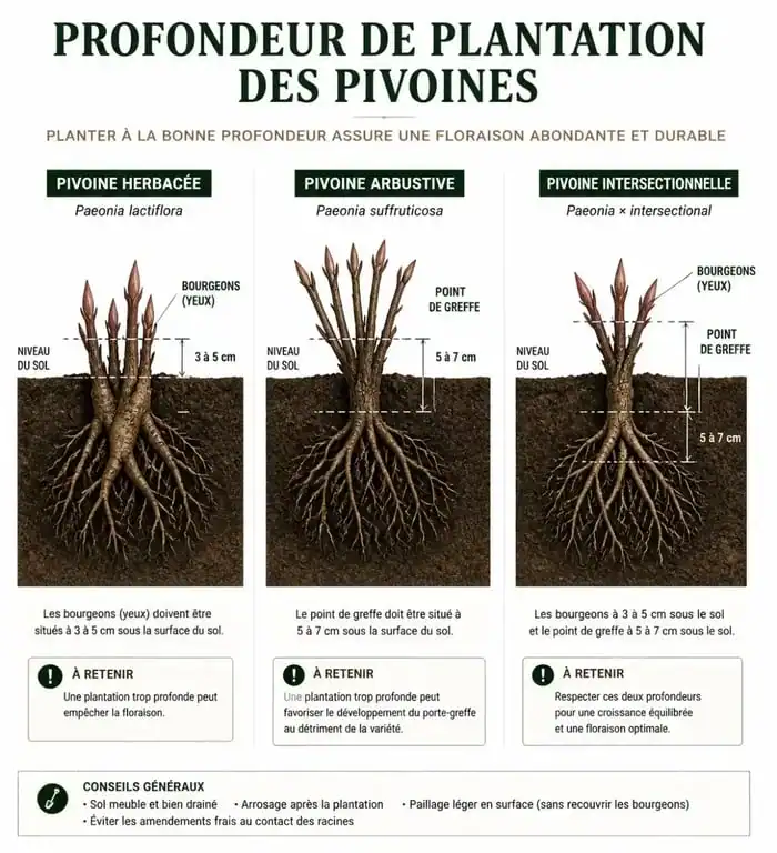 Schéma illustrant la profondeur de plantation des pivoines herbacées, arbustives et Itoh pour réussir leur culture