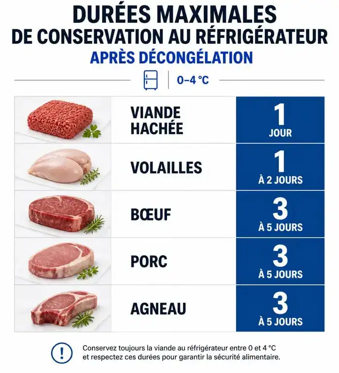 Infographie des durées de conservation de la viande décongelée au réfrigérateur pour garantir la sécurité alimentaire