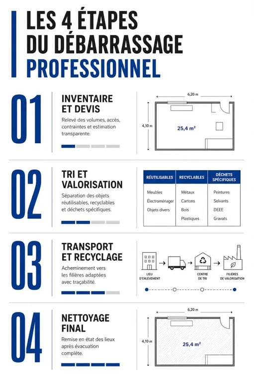 Infographie des étapes d'un service de débarrassage professionnel pour vider un logement