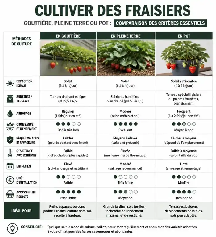 Comparatif des méthodes de culture des fraisiers : gouttière, pleine terre et pot