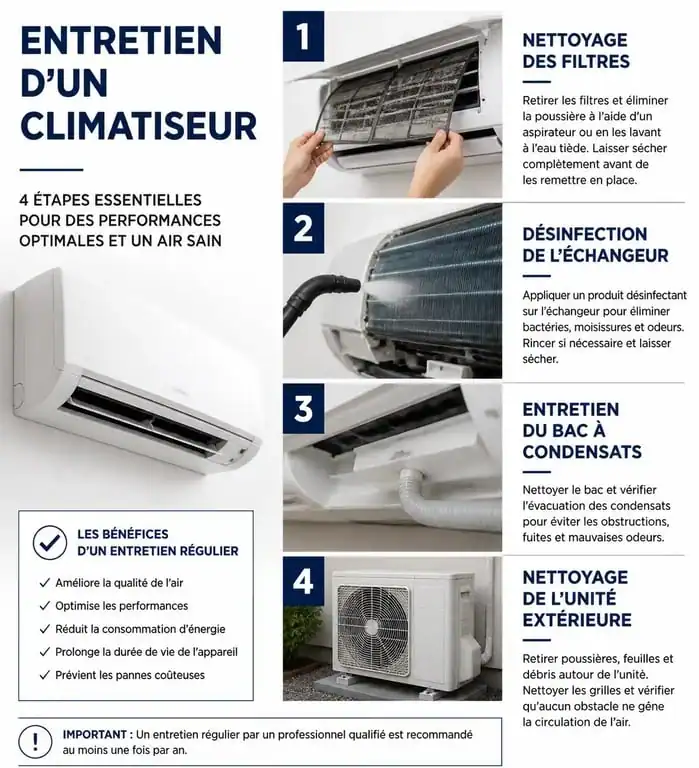Infographie des étapes de nettoyage et entretien d'un climatiseur pour une performance optimale
