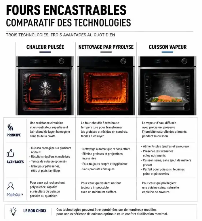 Infographie comparative des technologies de fours encastrables pour choisir le meilleur four encastrable