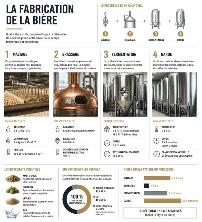 Schéma explicatif de comment est faite la bière : du maltage à la fermentation