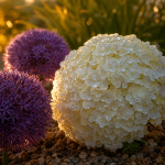 Fleur grosse boule : hortensia boule blanche et alliums violets