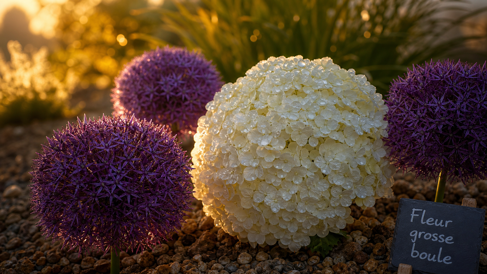 Fleur grosse boule : hortensia boule blanche et alliums violets