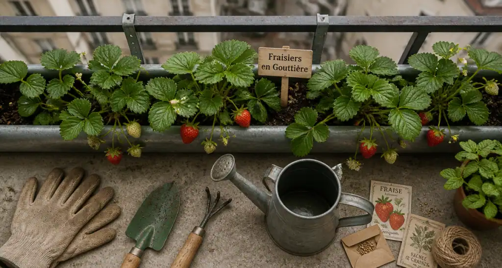 fraisier dans gouttière avec substrat et fraises mûres