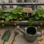 fraisier dans gouttière avec substrat et fraises mûres