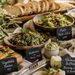 Idée repas mariage simple pas cher : buffet de mariage champêtre, plats sur plateaux bois et ardoises.