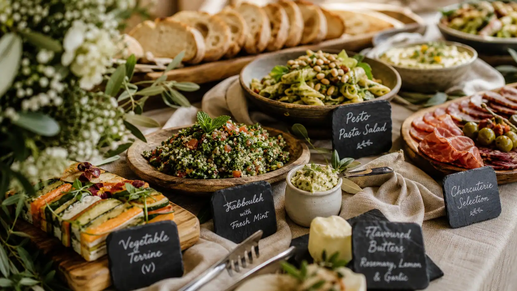 Idée repas mariage simple pas cher : buffet de mariage champêtre, plats sur plateaux bois et ardoises.