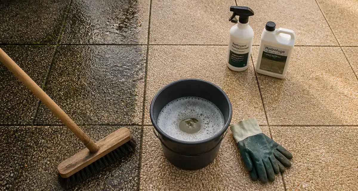 nettoyer des dalles gravillonnées noircies avec balai et savon