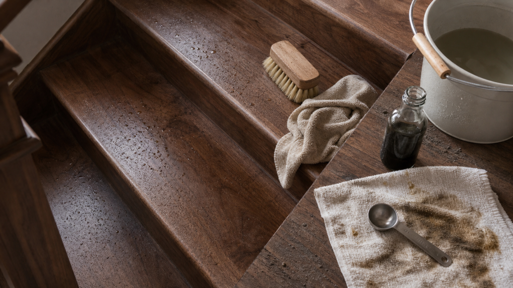 Nettoyer escalier en bois au savon noir : brosse, chiffon microfibre et eau tiède sur marches