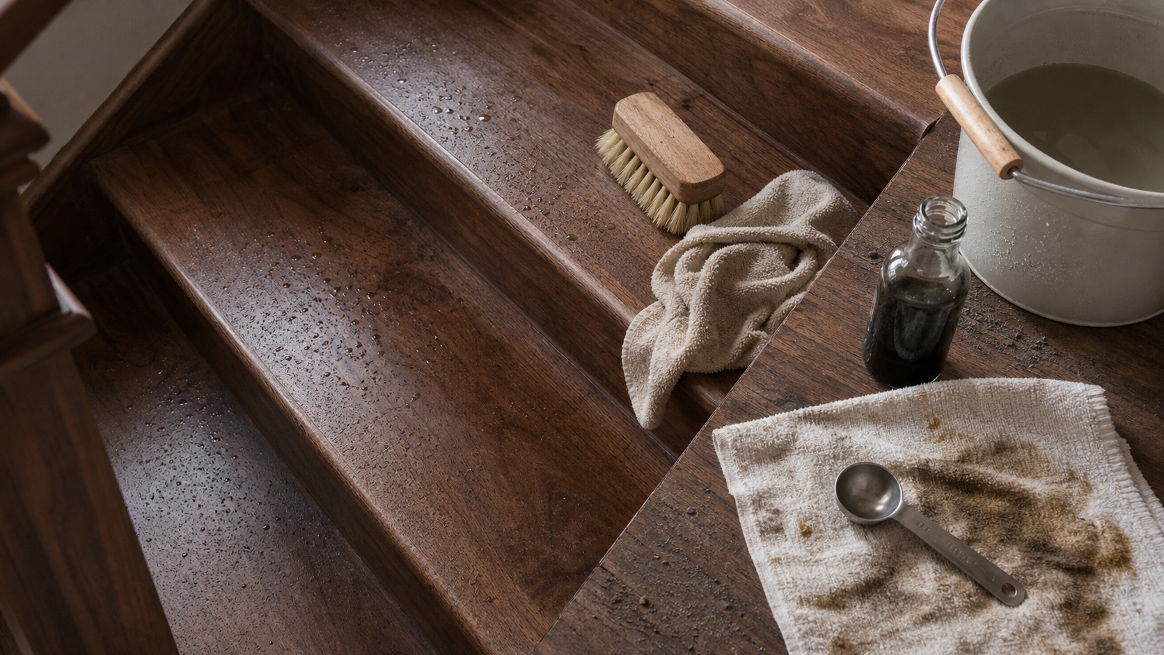 Nettoyer escalier en bois au savon noir : brosse, chiffon microfibre et eau tiède sur marches