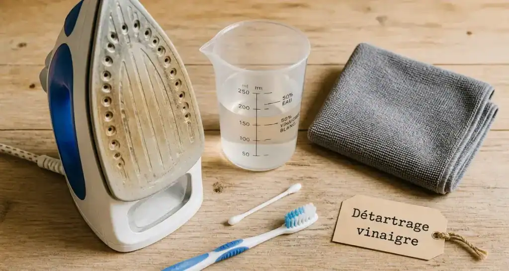 Nettoyer un fer à repasser calcaire : vinaigre et brosse pour enlever le calcaire