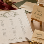 Plan de table pour un mariage sur table en bois, avec règle et marque-places
