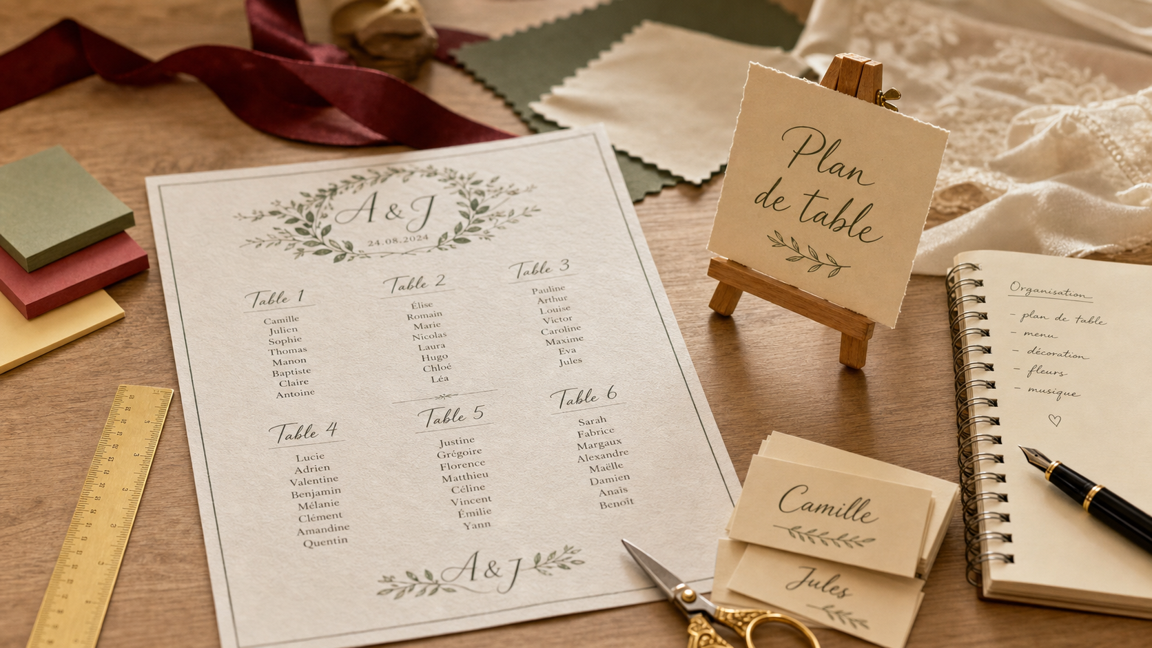 Plan de table pour un mariage sur table en bois, avec règle et marque-places