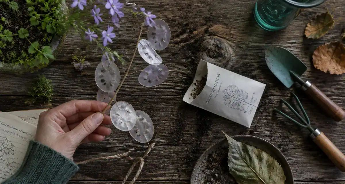 Planter monnaie du pape sur table de jardin