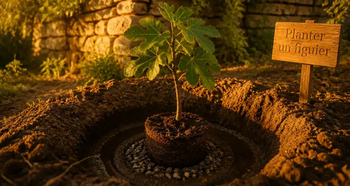 Quand et comment planter un figuier : motte dans le trou de plantation