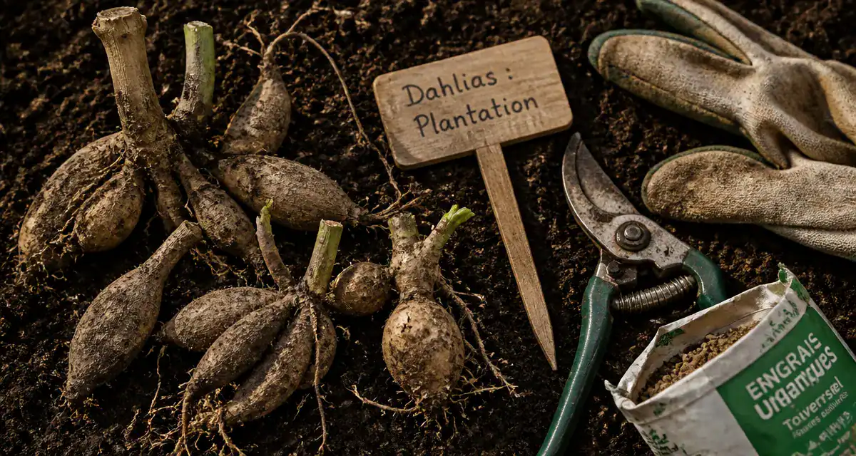quand planter les dahlias en pleine terre, tubercules et outils