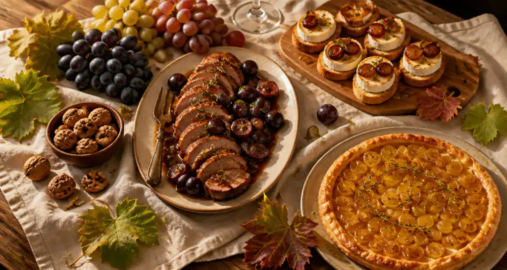 Recette au raisin sur table avec plats sucrés-salés