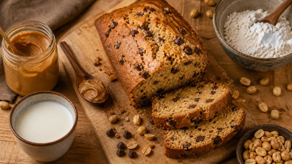 Recette gâteau au beurre de cacahuète facile : cake fondant au lait, pépites de chocolat, cacahuètes grillées
