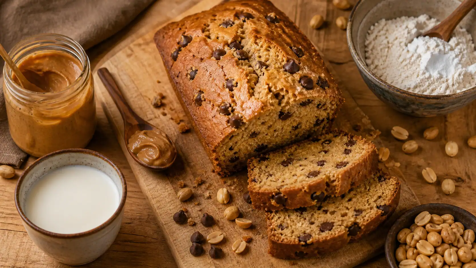 Recette gâteau au beurre de cacahuète facile : cake fondant au lait, pépites de chocolat, cacahuètes grillées