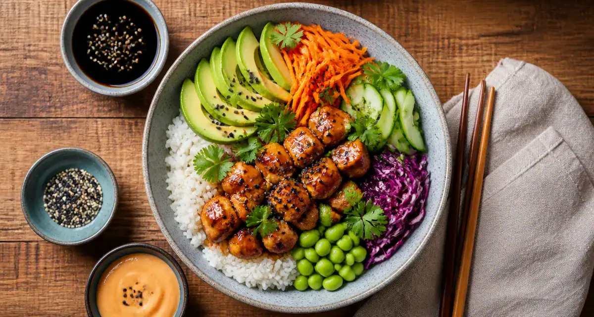 recette poke bowl poulet avec riz et légumes