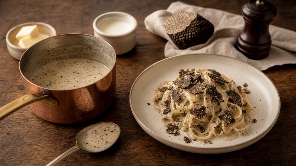 Sauce à la truffe crémeuse sur tagliatelles avec truffe noire