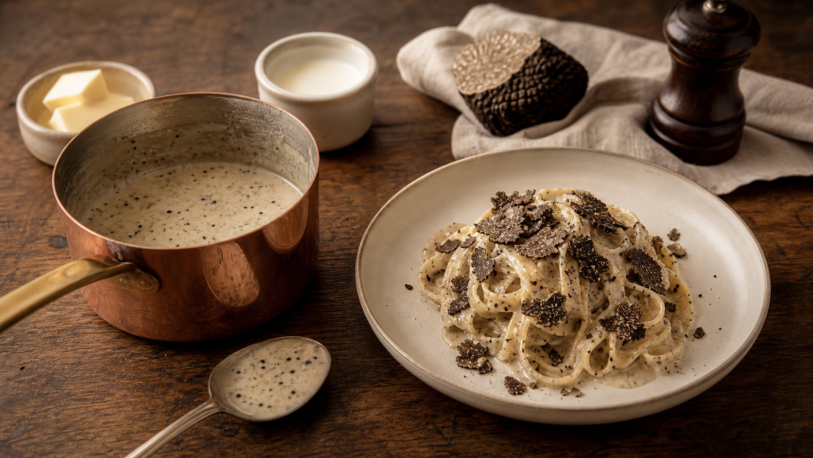 Sauce à la truffe crémeuse sur tagliatelles avec truffe noire