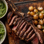 Accompagnement cote de boeuf : côte de bœuf, pommes de terre rôties et sauces