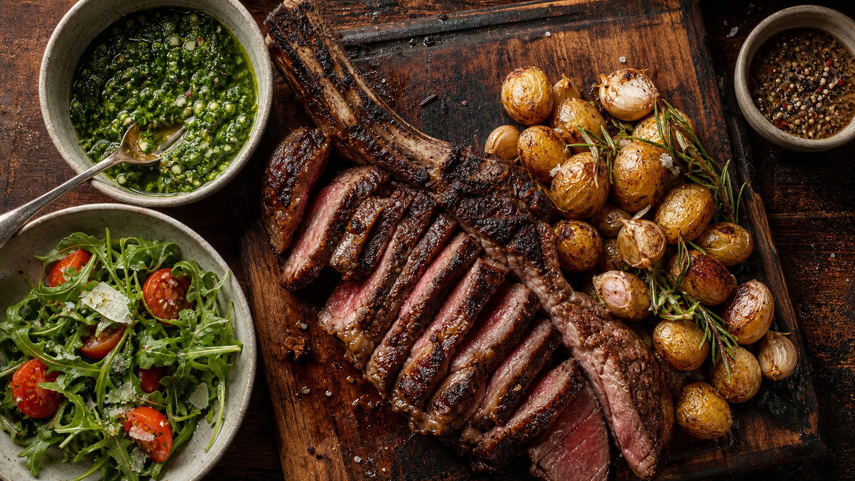 Accompagnement cote de boeuf : côte de bœuf, pommes de terre rôties et sauces