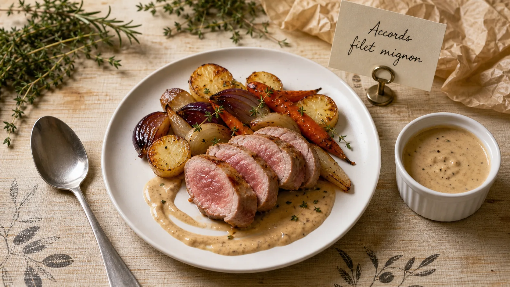 Accompagnement filet mignon : pommes fondantes et légumes rôtis, sauce crémeuse