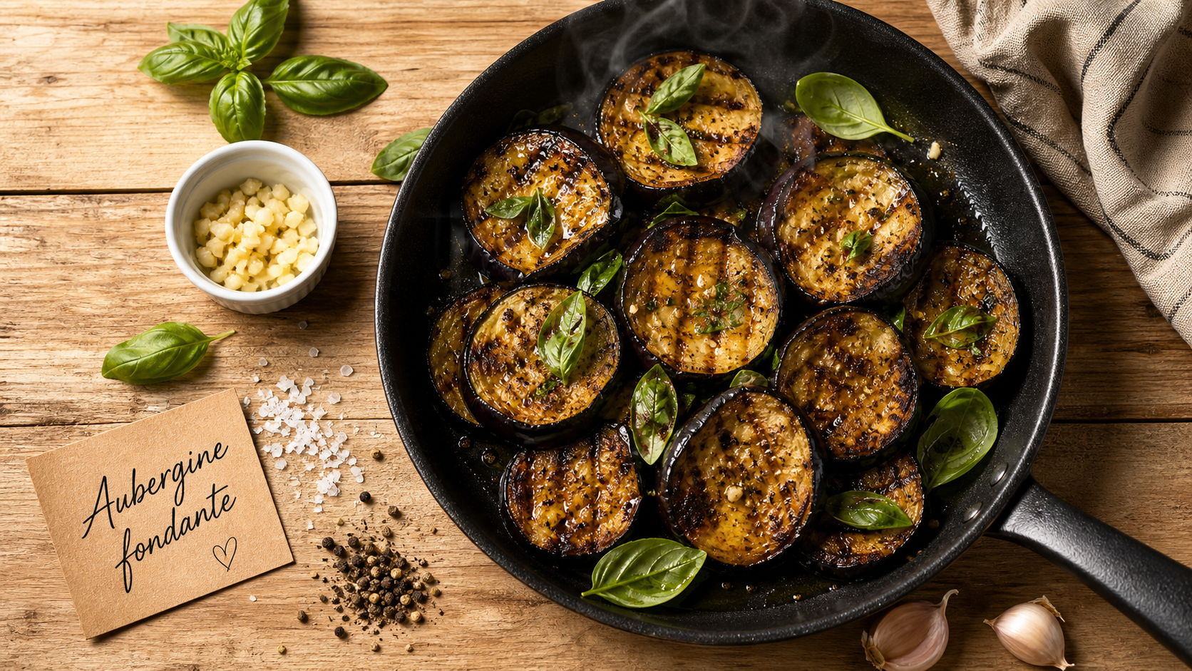 Aubergine fondante à la poêle, poêle antiadhésive, herbes et vapeur