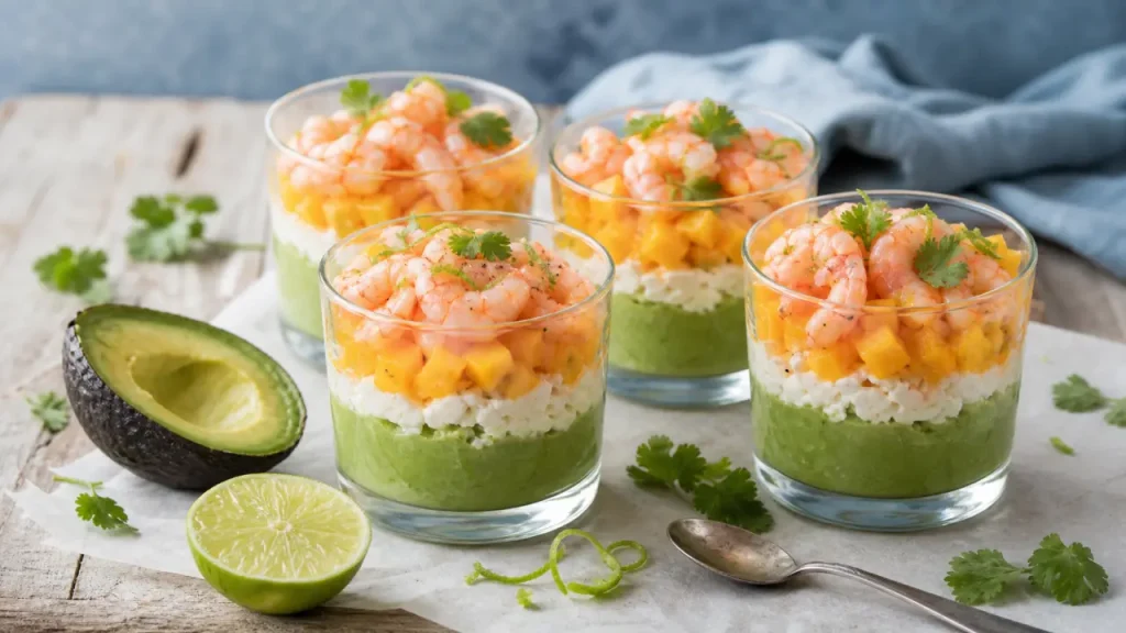 Avocat en entrée en verrines fraîches avocat et crevettes