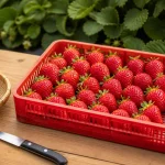 Comment cueillir les fraises : rouge uniforme, pédoncule, panier plat