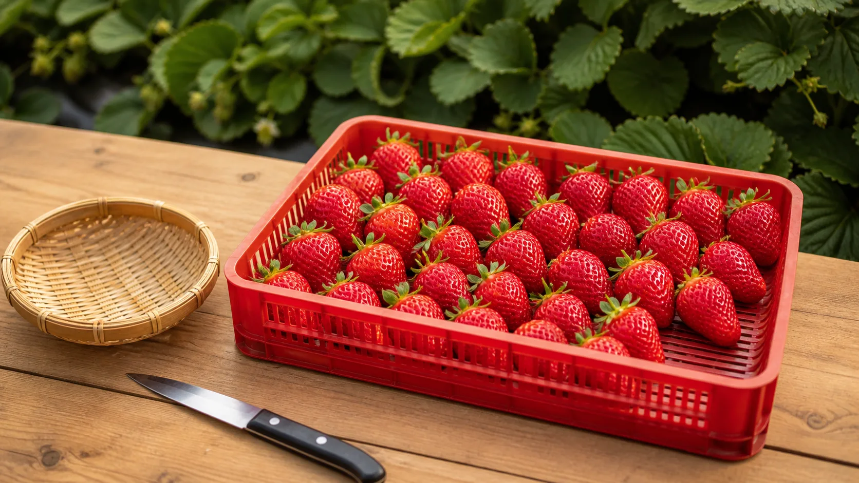 Comment cueillir les fraises : rouge uniforme, pédoncule, panier plat