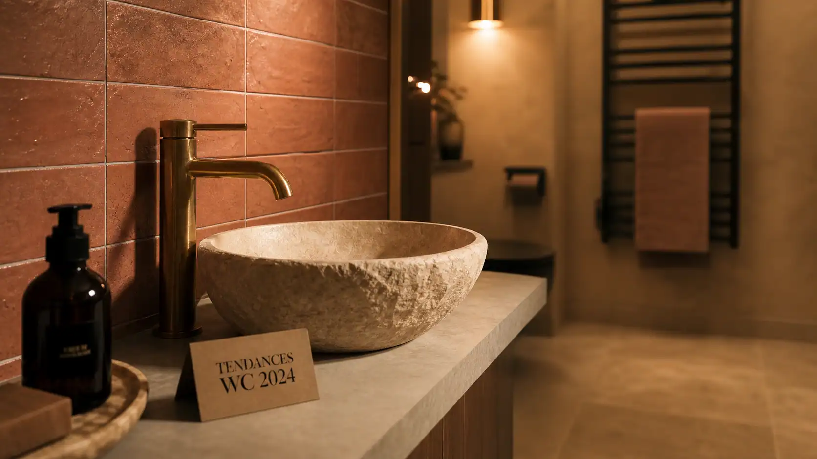 Couleur wc tendance 2024 : terracotta mat et laiton brossé