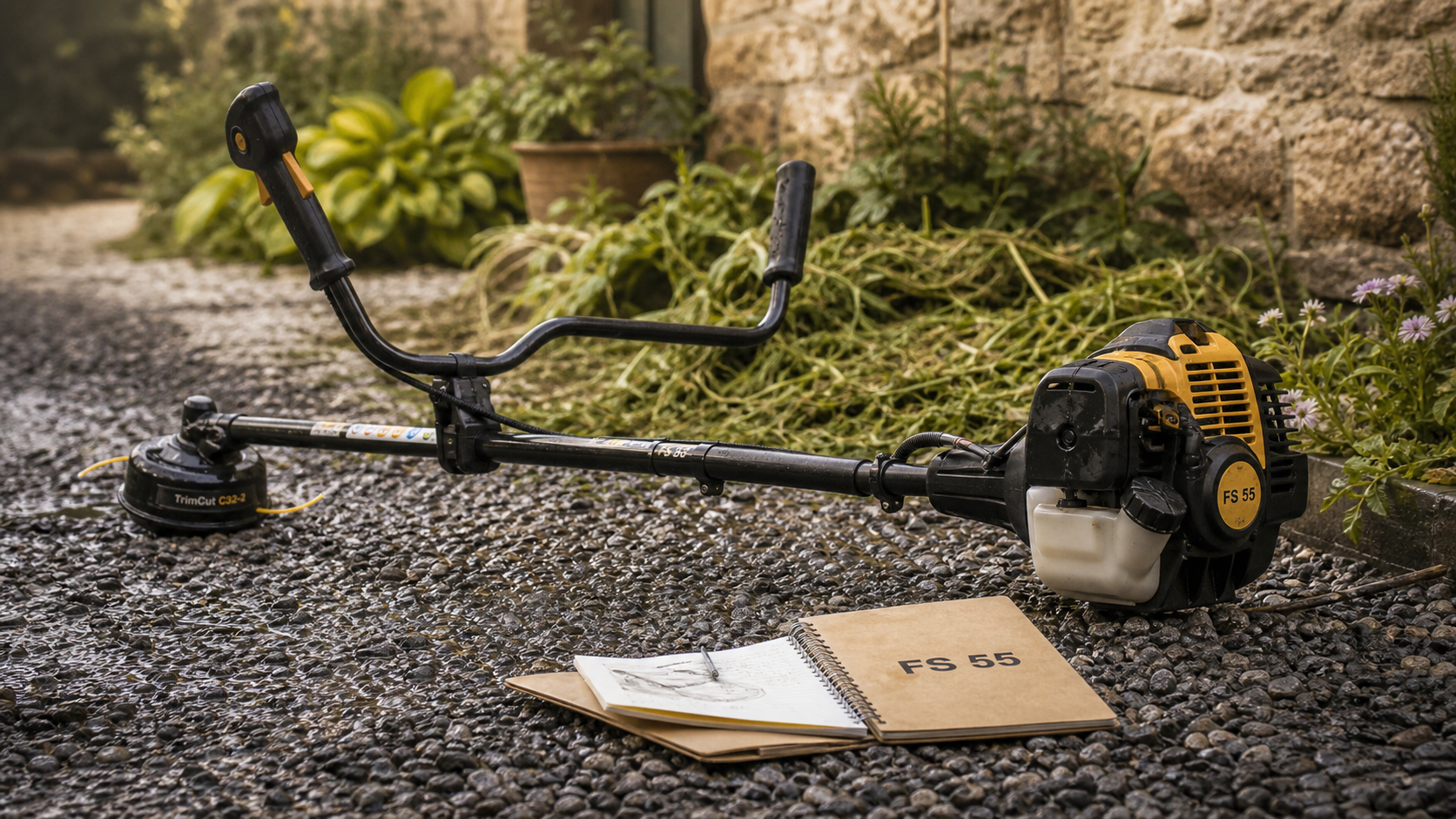 débroussailleuse stihl fs 55 sur allée de gravier humide