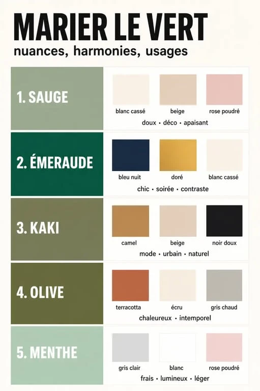 Le vert se marie avec quelle couleur : tableau visuel des meilleures associations de couleurs avec le vert
