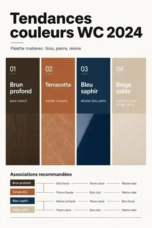 Infographie des tendances couleur WC 2024 avec associations de matériaux pour une rénovation moderne