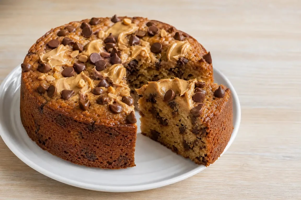 Gâteau beurre de cacahuète moelleux avec pépites de chocolat, présenté en part sur une assiette