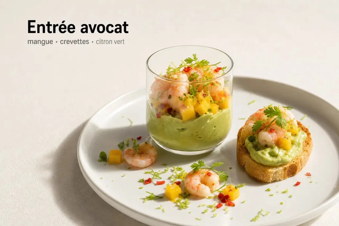 Avocat en entrée élégant avec crevettes, mangue et citron vert