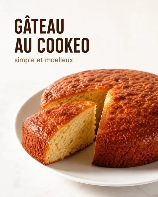 Recette gâteau cookeo facile : gâteau moelleux doré présenté sur une assiette blanche