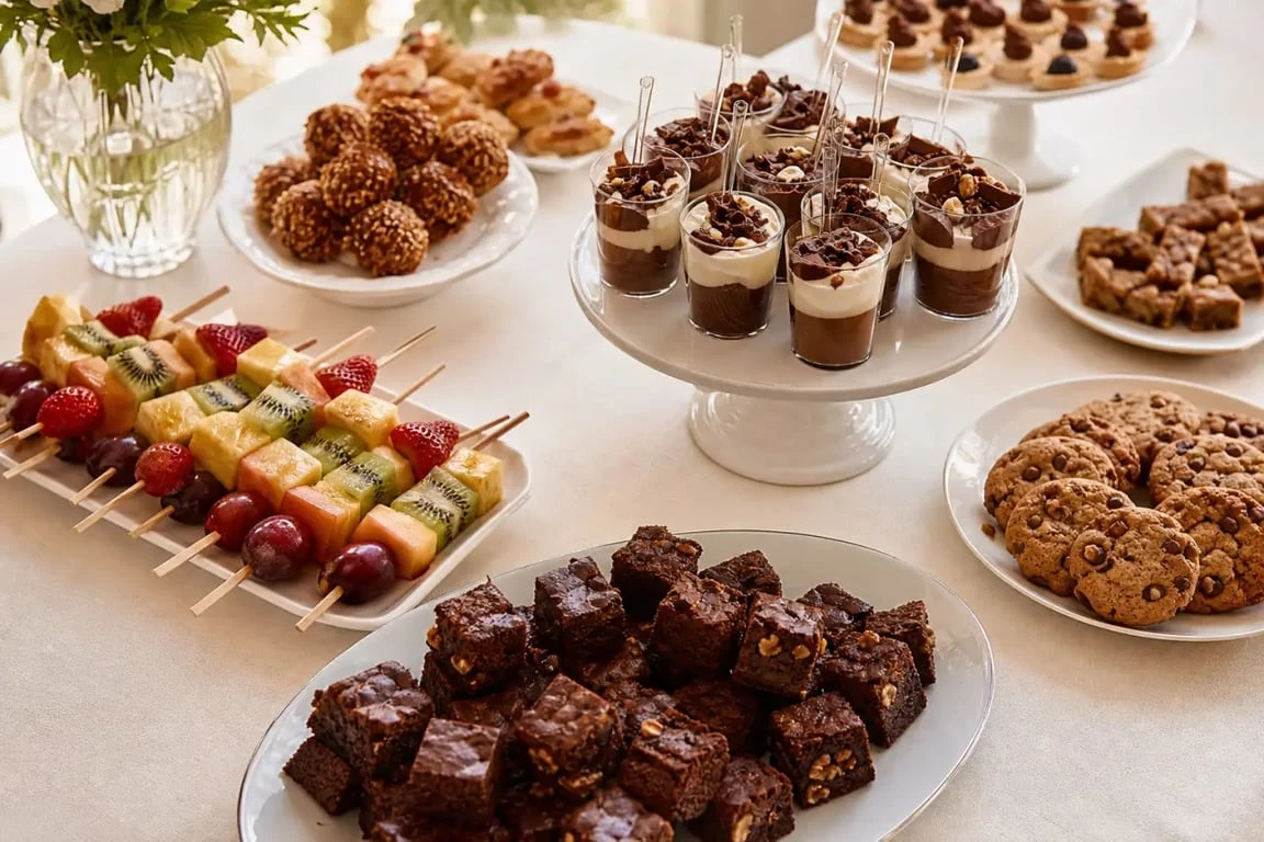 Dessert apéro dinatoire avec mini-brownies, brochettes de fruits et verrines gourmandes sur un buffet