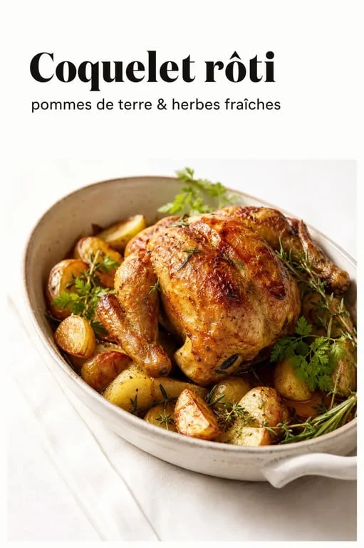 Coquelet au four doré et croustillant servi avec pommes de terre rôties