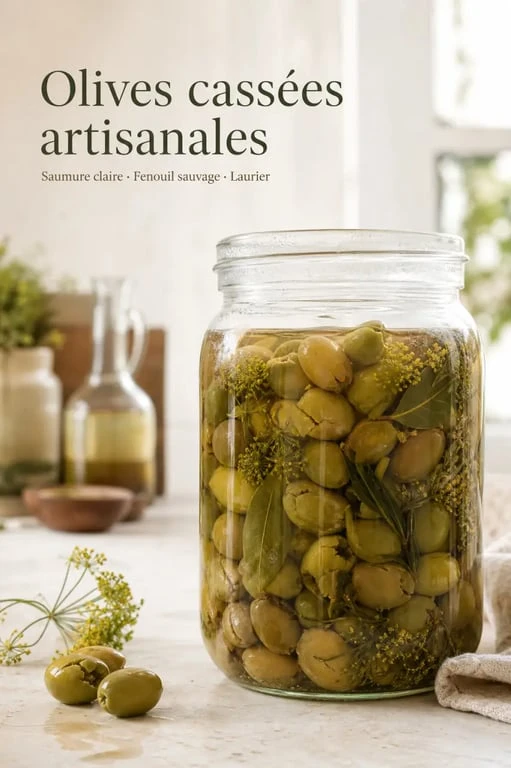Bocal d'olives cassées maison, une recette traditionnelle provençale pour l'apéritif.