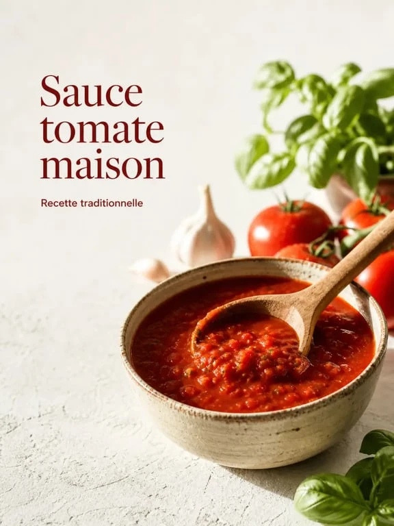 Recette sauce tomate maison grand-mère dans un bol rustique avec tomates et basilic