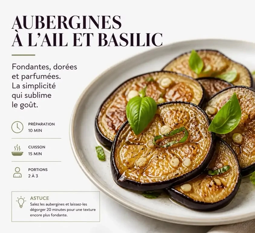 Aubergine fondante à la poêle dorée et assaisonnée avec des herbes fraîches