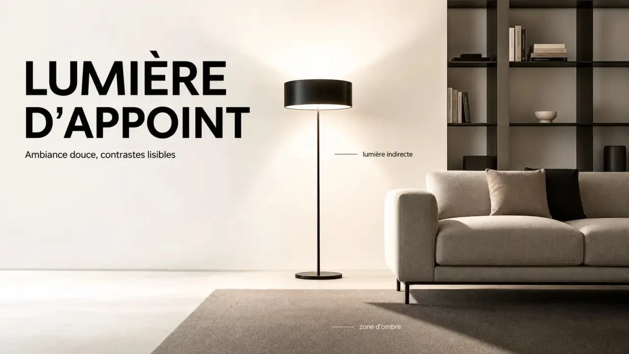 Lampe de salon sur pied dans un salon contemporain avec lumière d’ambiance douce
