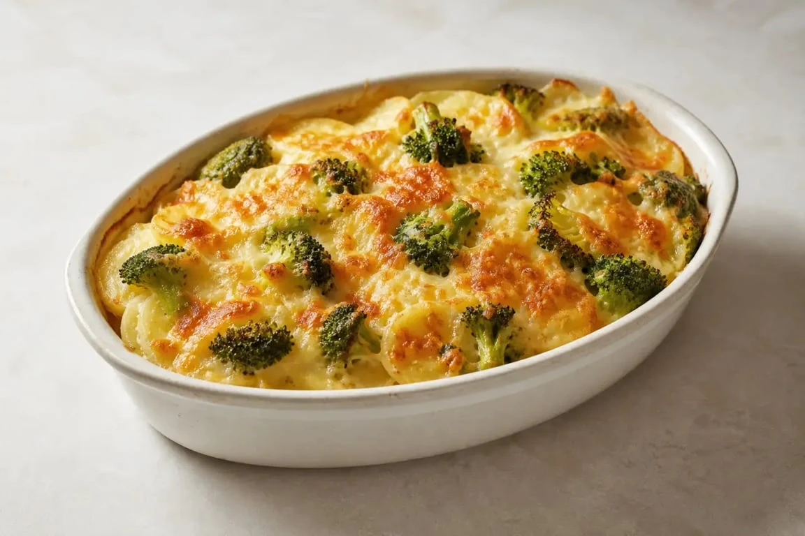 Gratin brocolie pomme de terre doré et fondant dans un plat familial